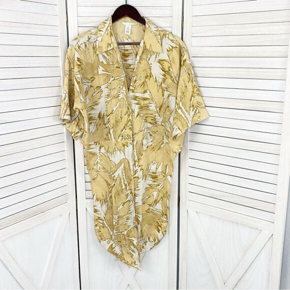 H&M Abstract Leaf Print Tie Front Crop Blouse Tan Cream Large Half Sleeve - Picture 10 of 15